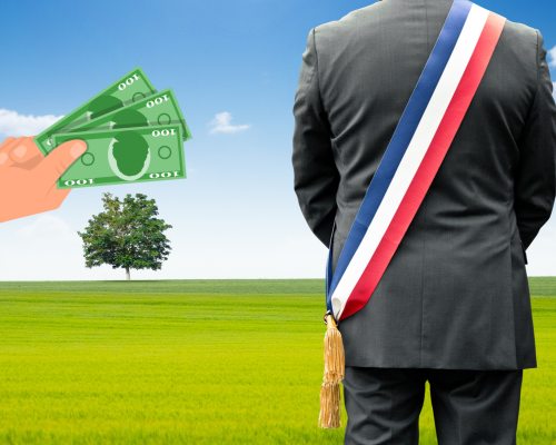 maire d'une ville devant un terrain et billets de banque